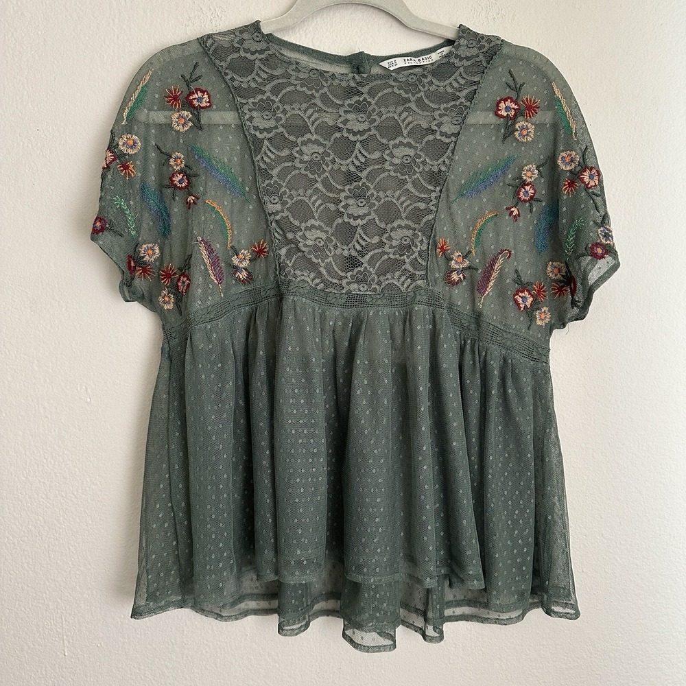 Zara Basic Embroidered Lace Mesh Blouse Womens Medium Green Boho Peplum Top